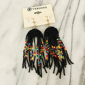 Versona Beaded Tassel Earrings |‎ Black Multicolor | Dangle Drop | Boho NWT